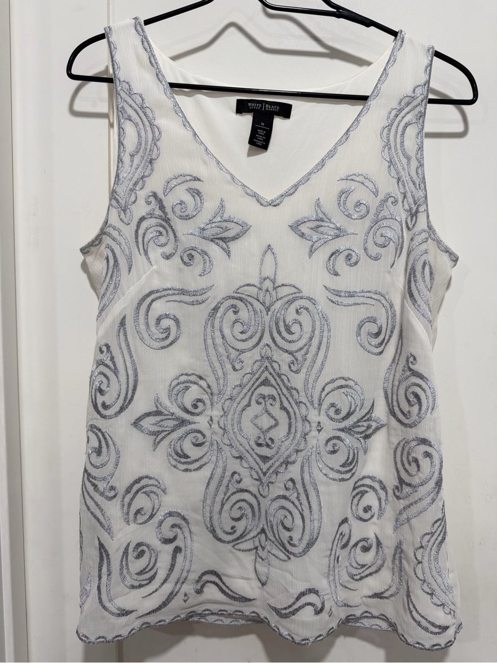 White House Black Market White V-Neck Embroidered Tank with Silver Scrollwork
